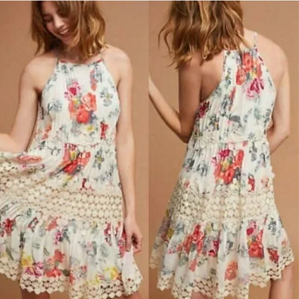 Anthropologie Ranna Gill Kalila Dress Floral Romantic Lace Babydoll Flounce L